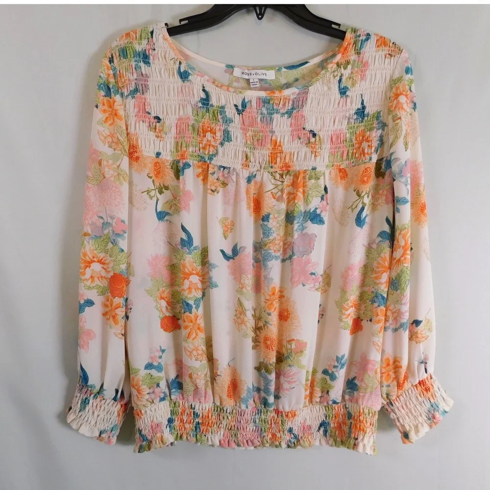Rose + Olive Floral Smocked Blouse Cream Orange Pink Blue Long Sleeve Large - Picture 2 of 10